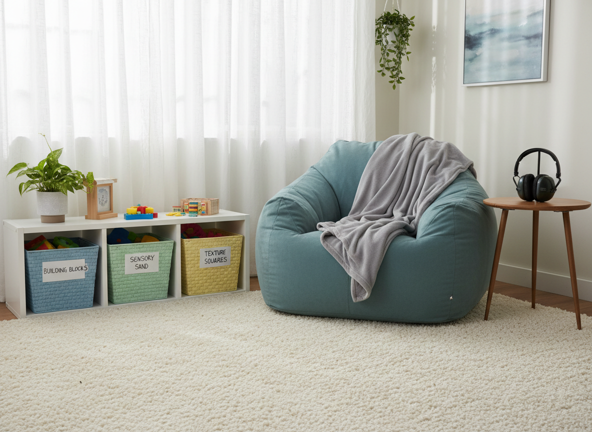 A serene living room corner designed as a calming space for an autistic or learning-disabled child, featuring a large beanbag chair in muted teal, a soft gray weighted blanket folded neatly, and noise-cancelling headphones resting on a small round side table. Nearby, a low shelf holds neatly labeled bins with colorful but orderly educational toys and sensory materials. Natural daylight streams through sheer curtains, producing a soft, diffused glow and subtle shadows on the textured rug. Photographic realism, shot at eye level with a gentle wide-angle view, creates a peaceful, non-clinical atmosphere that feels supportive and nurturing, embodying the compassionate, evidence-informed environment encouraged by coaching.