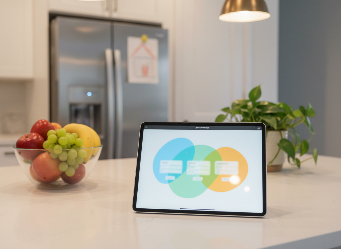 A modern digital tablet lying on a tidy kitchen island, displaying a blurred, colorful coaching worksheet interface, surrounded by subtle visual cues of family life: a bowl of fresh fruit, a child’s simple abstract drawing magneted on a nearby stainless steel fridge, and a small plant with glossy green leaves. Overhead pendant lights cast warm, even illumination, creating soft highlights on the tablet’s screen and smooth countertop. The photographic image is composed from a three-quarter top-down angle with a shallow depth of field, bringing attention to the tablet while allowing the home context to softly fade into the background. The mood is hopeful, practical, and grounded in everyday routines, showing how guidance integrates seamlessly into family life.