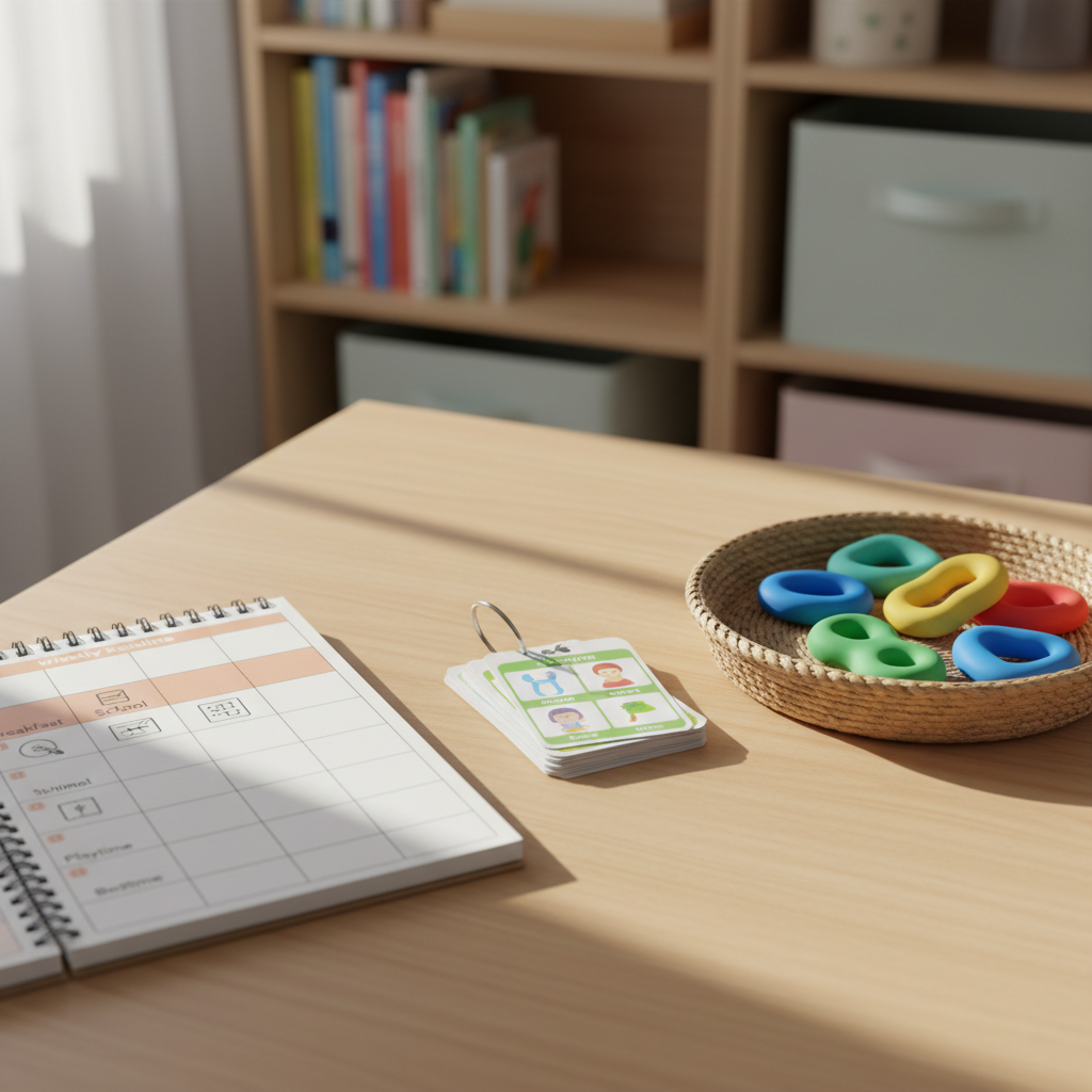 A carefully arranged set of visual tools representing practical strategies for parents, displayed on a light wood table: a colorful weekly planner open to a structured routine page, a small stack of laminated visual schedule cards with icons, and a set of smooth, multi-colored sensory fidgets in a woven tray. In the background, slightly out of focus, stands a cozy bookshelf with children’s picture books and storage bins. Soft morning daylight filters in from the side, creating gentle shadows and emphasizing textures. Shot from a slightly elevated angle in photographic realism, the composition uses the rule of thirds to highlight the planner while keeping the mood organized, reassuring, and solutions-focused rather than clinical.